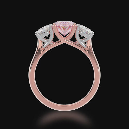 Trilogy oval cut pink sapphire and diamond ring on rose gold band 3d video. 