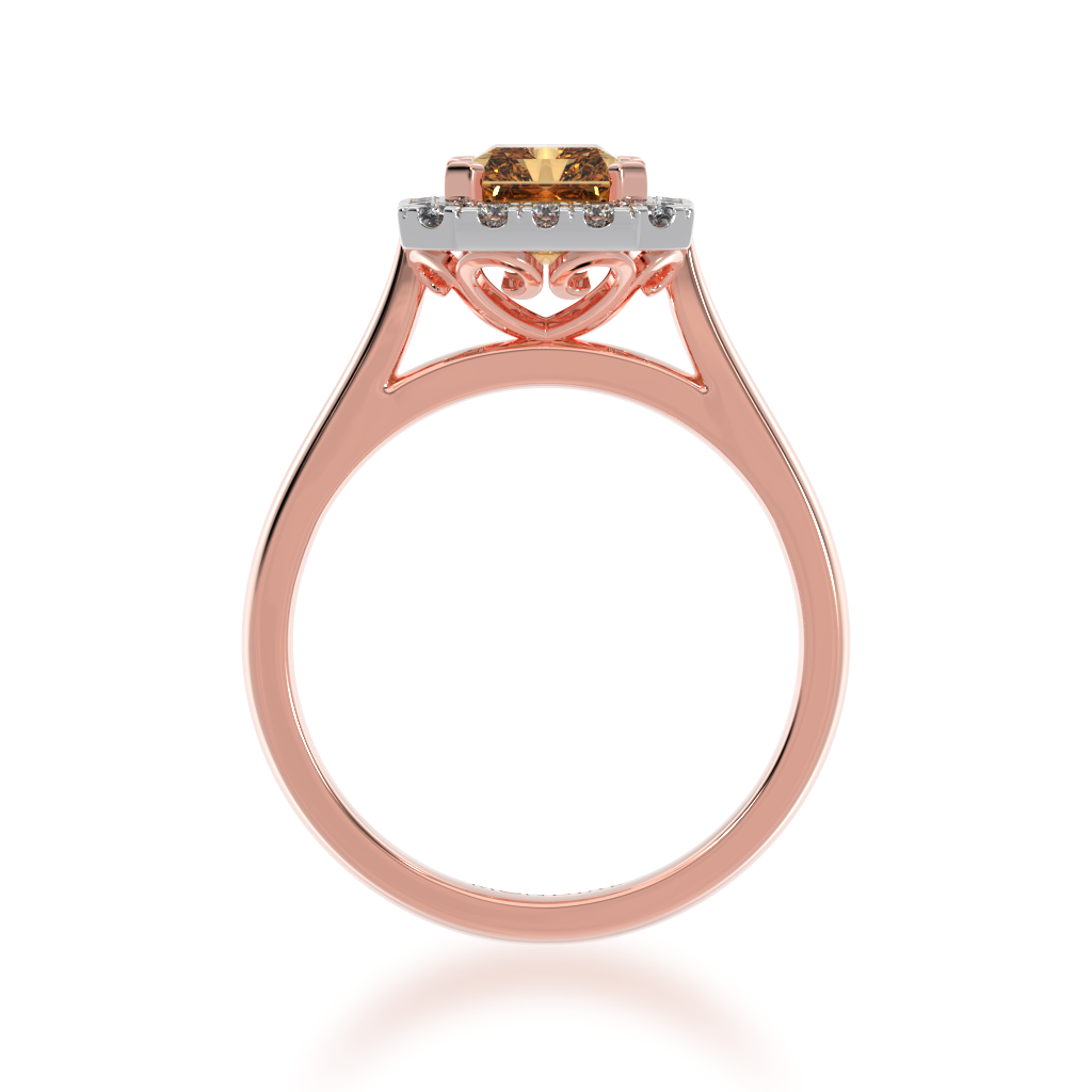 Radiant cut champagne diamond halo engagement ring on rose gold band view from front