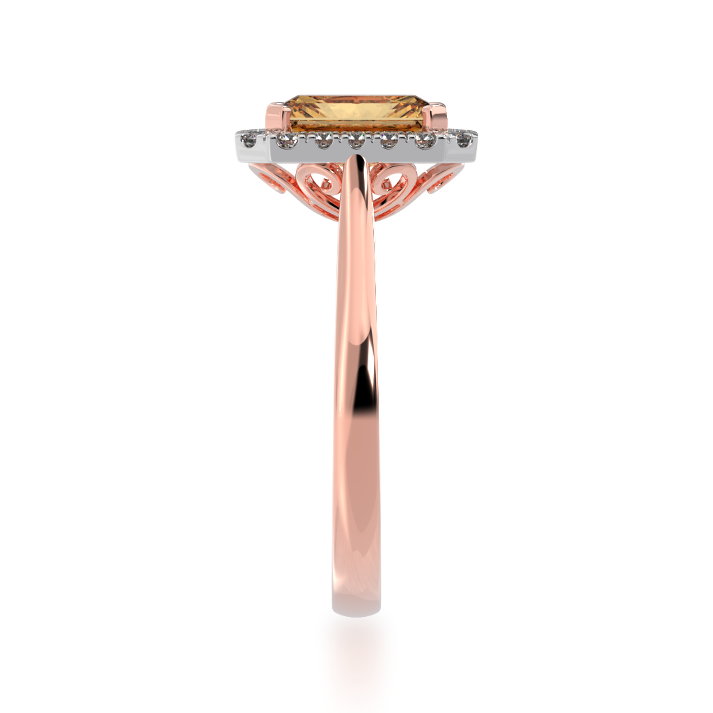 Radiant cut champagne diamond halo engagement ring on rose gold band view from side 