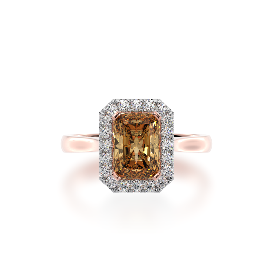 Radiant cut champagne diamond halo engagement ring on rose gold band view from top
