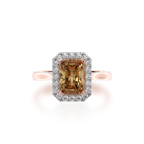 Radiant cut champagne diamond halo engagement ring on rose gold band view from top