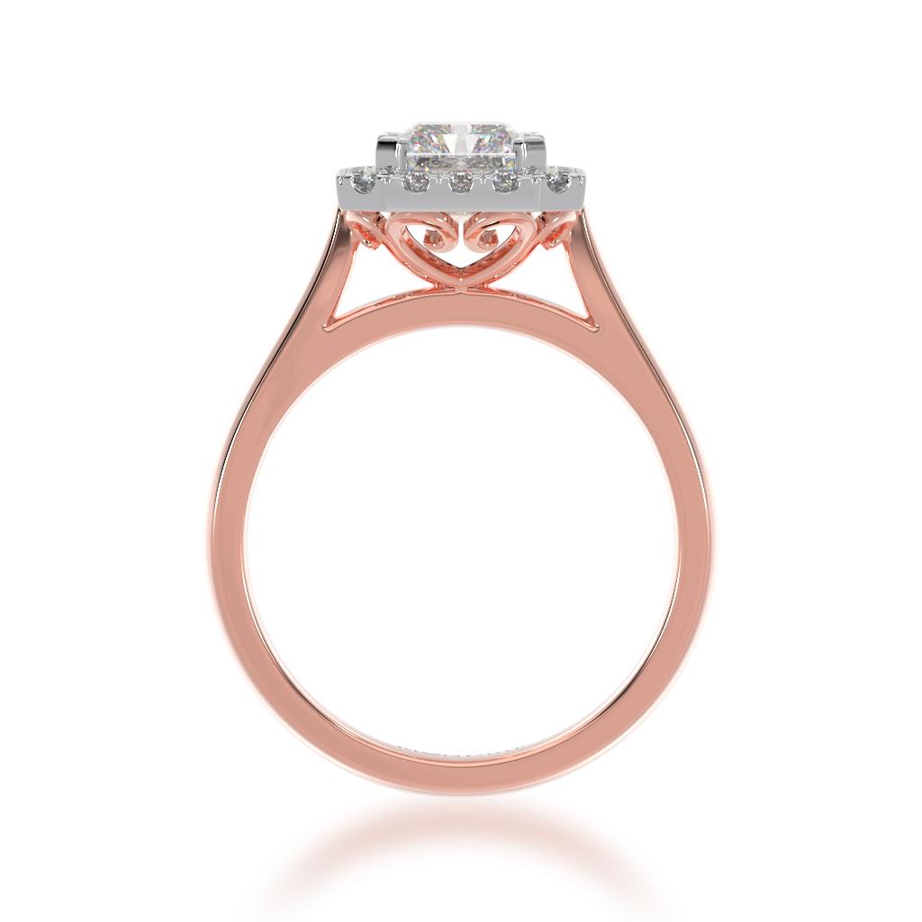 Radiant cut diamond halo engagement ring on rose band view from front 