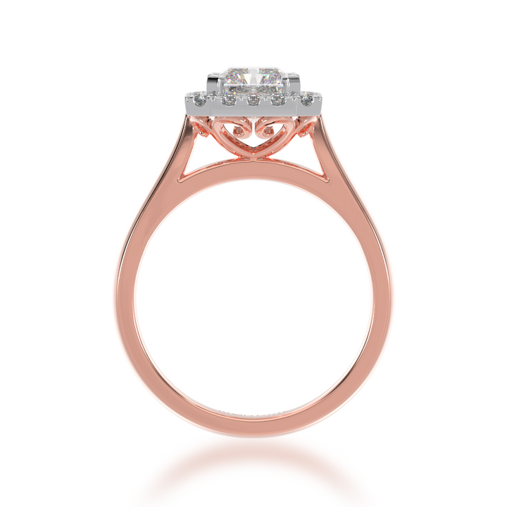 Radiant cut diamond halo engagement ring on rose band view from front 