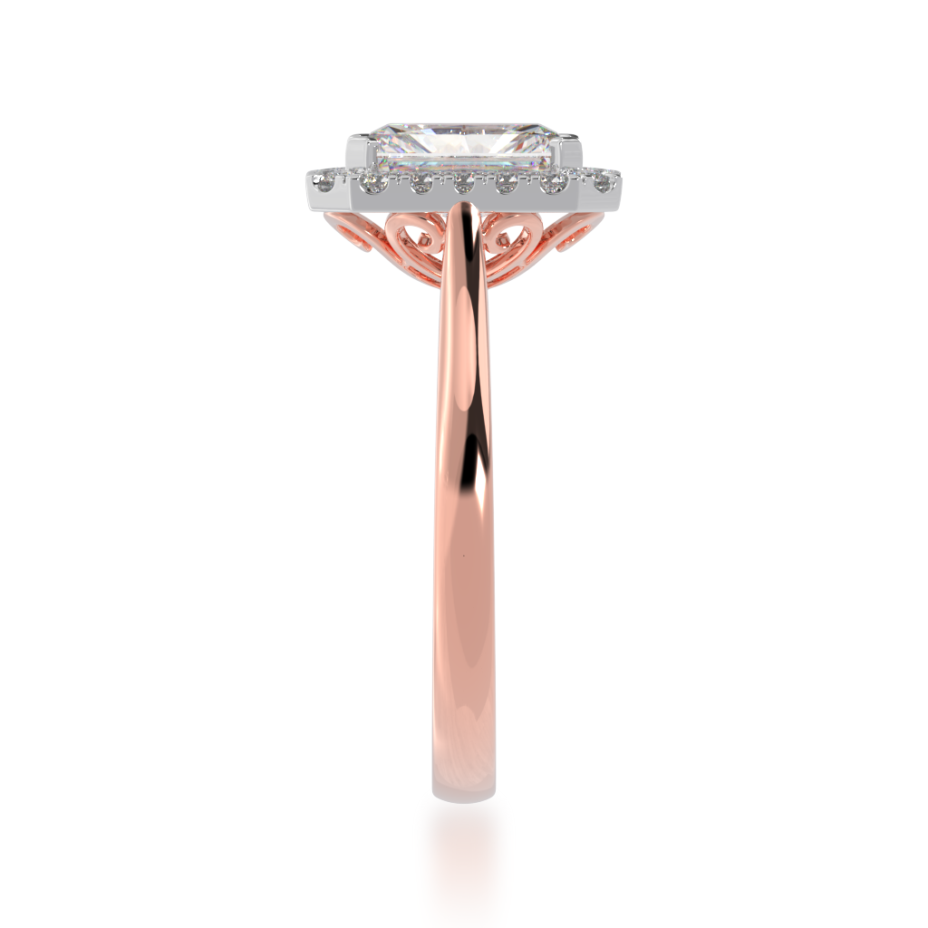 Radiant cut diamond halo engagement ring on rose band view from side 