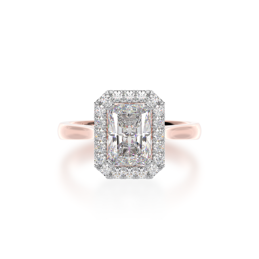 Radiant cut diamond halo engagement ring on rose band view from top