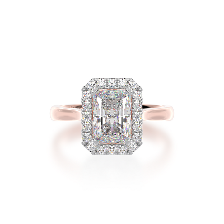 Radiant cut diamond halo engagement ring on rose band view from top