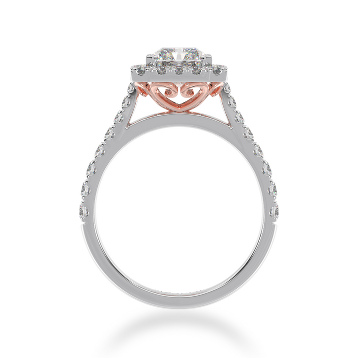 Radiant cut diamond halo engagement ring with diamond set band view from front 
