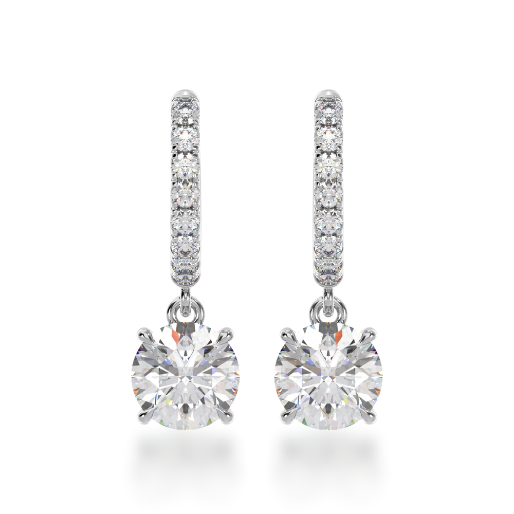 Round brilliant cut diamond drop earrings  with diamond claw set  huggies view from front