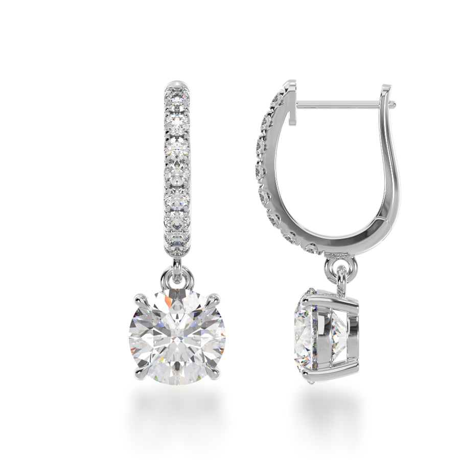 Round brilliant cut diamond drop earrings with diamond claw set  huggies view from side 