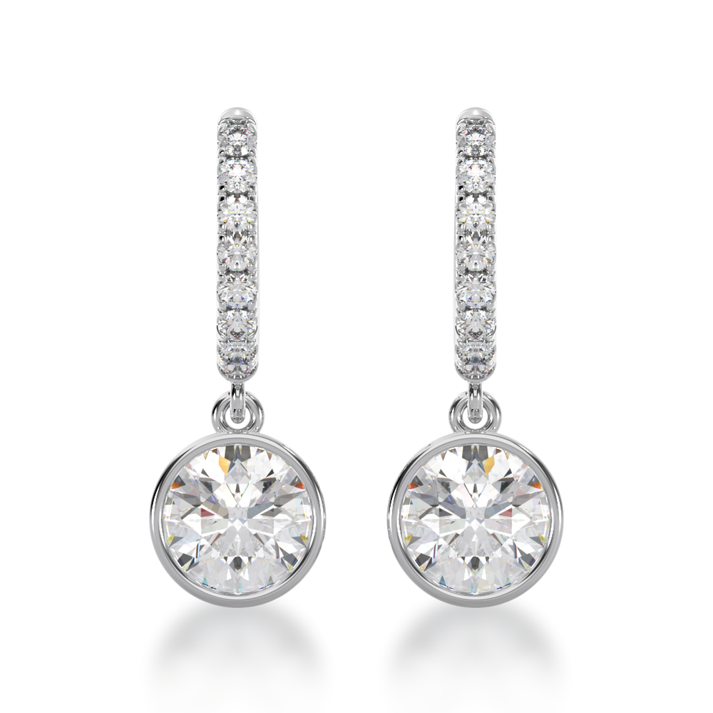Round brilliant cut bezel set diamond drop earrings on a diamond set huggie view from front 