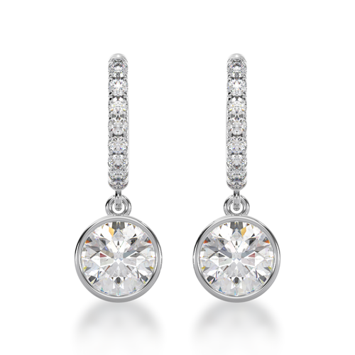 Round brilliant cut bezel set diamond drop earrings on a diamond set huggie view from front 