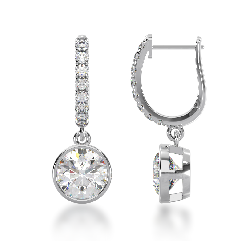 Round brilliant cut bezel set diamond drop earrings on a diamond set huggie view from side 