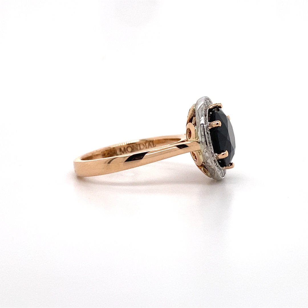 Round brilliant cut black sapphire diamond halo ring on rose gold band