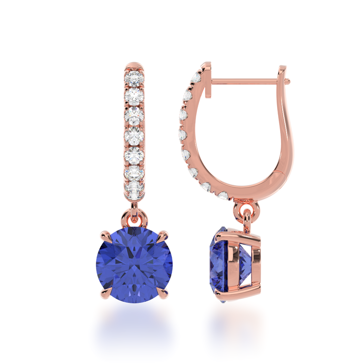 Round brilliant cut blue sapphire drop earrings on a diamond set huggie