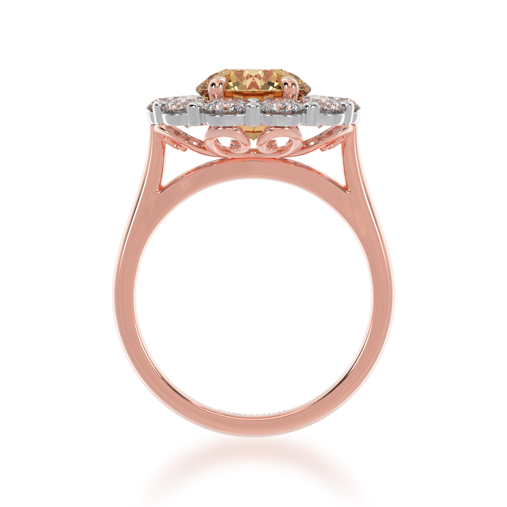 Round brilliant cut champagne diamond cluster ring on rose gold band view from front
