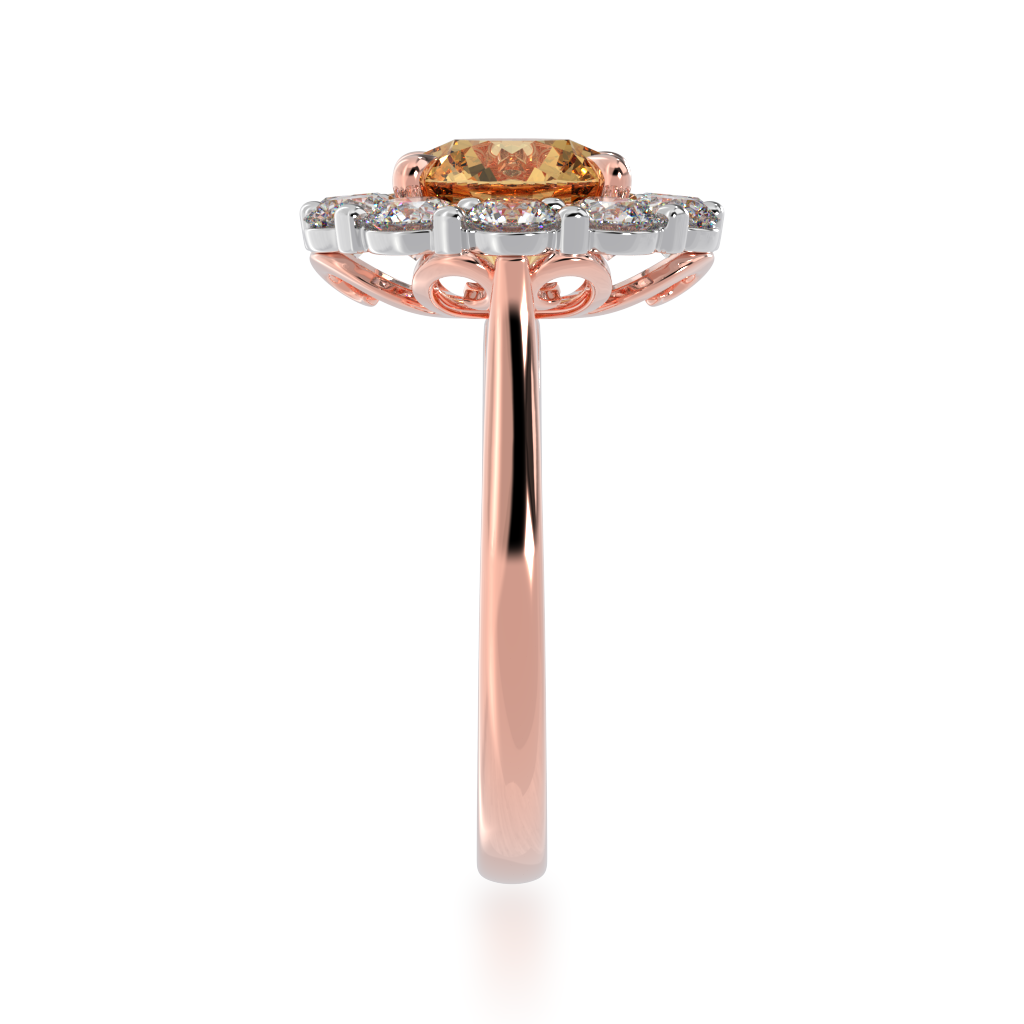Round brilliant cut champagne diamond cluster ring on rose gold band view from side