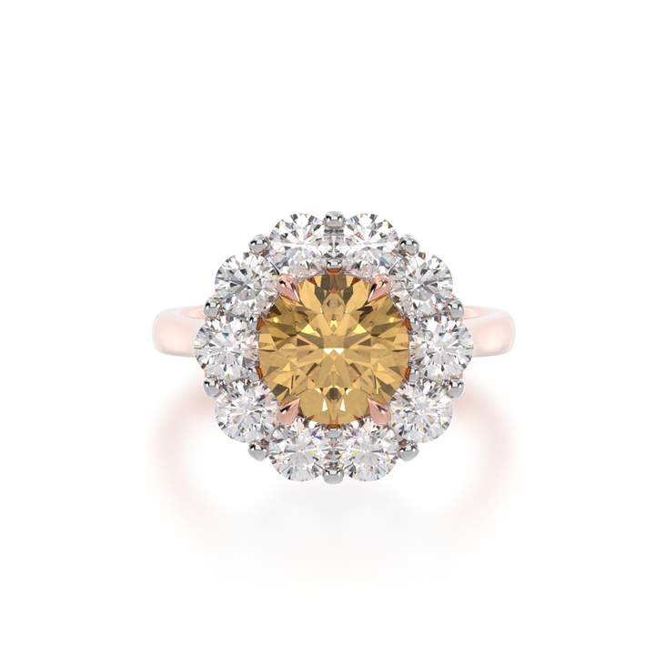 Round brilliant cut champagne diamond cluster ring on rose gold band view from top