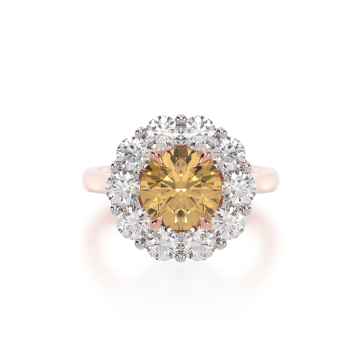 Round brilliant cut champagne diamond cluster ring on rose gold band view from top