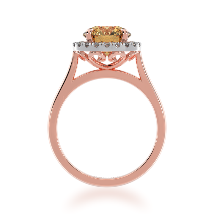 Round brilliant cut champagne diamond halo engagement ring on rose gold band view from front