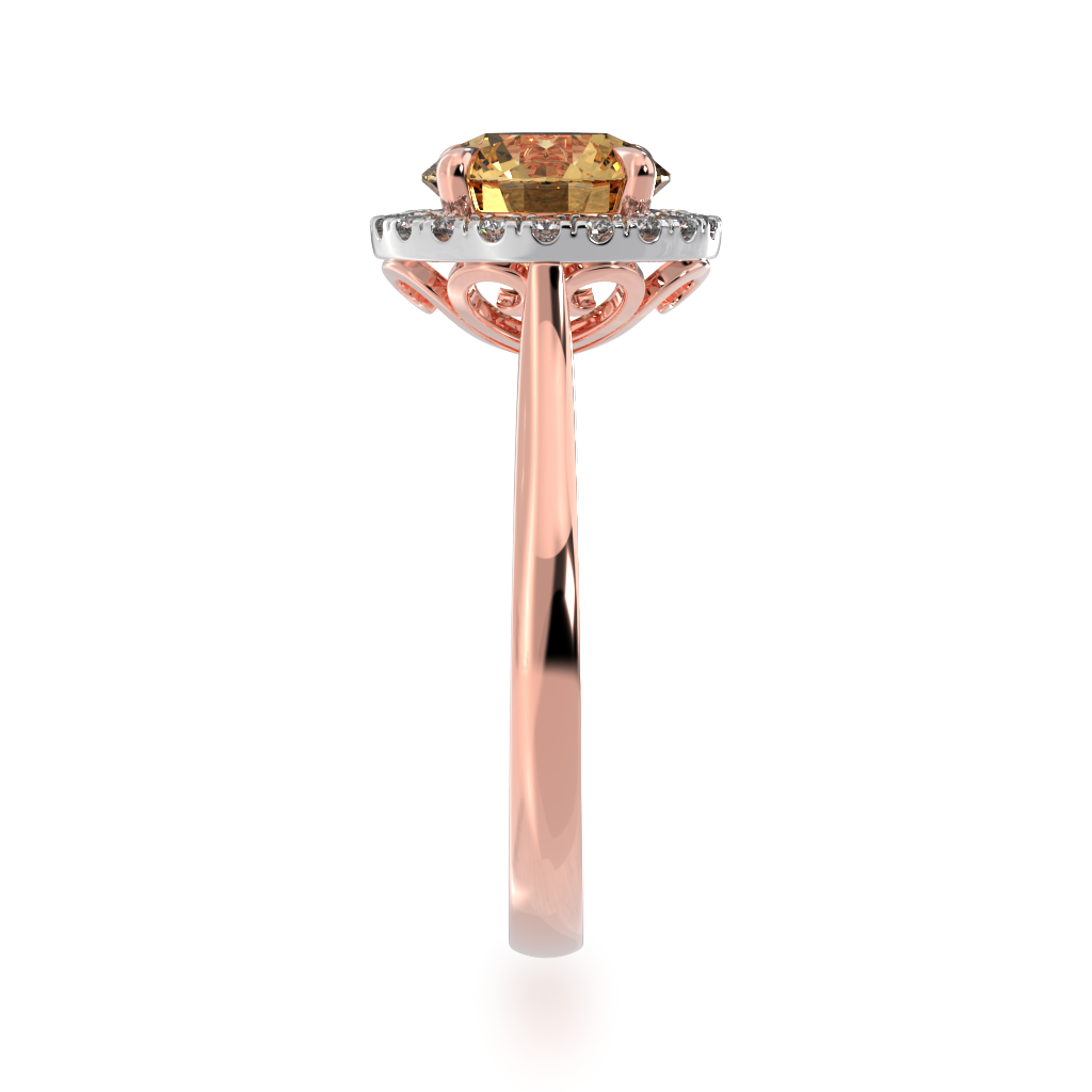 Round brilliant cut champagne diamond halo engagement ring on rose gold band view from side