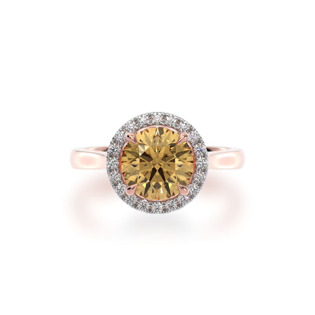Round brilliant cut champagne diamond halo engagement ring on rose gold band view from top