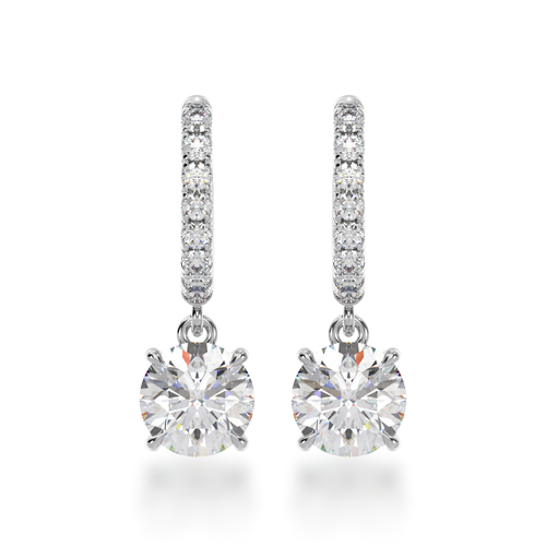 Round brilliant cut diamond drop earrings on a diamond set huggie