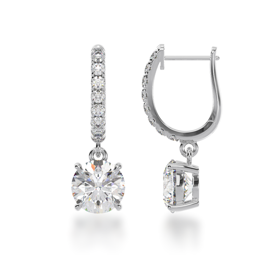 Round brilliant cut diamond drop earrings on a diamond set huggie