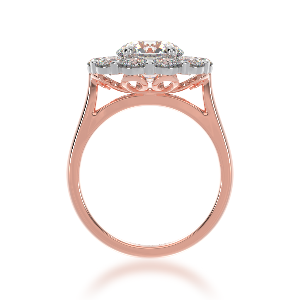 Round brilliant cut diamond cluster ring on a rose gold band view from side
