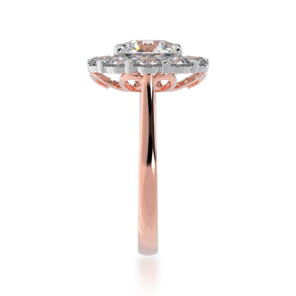 Round brilliant cut diamond cluster ring on a rose gold band view from side 