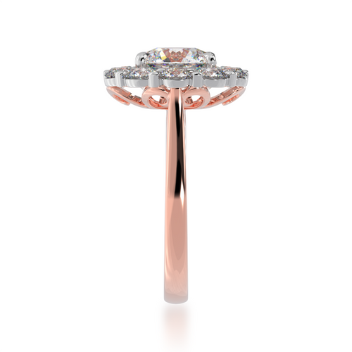 Round brilliant cut diamond cluster ring on a rose gold band view from side 