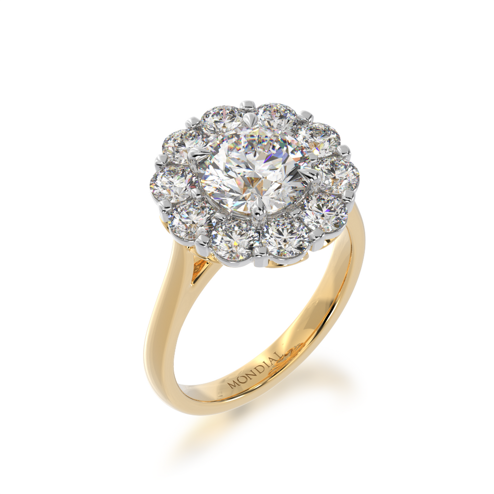 Round brilliant cut diamond cluster ring on yellow gold band view from angle