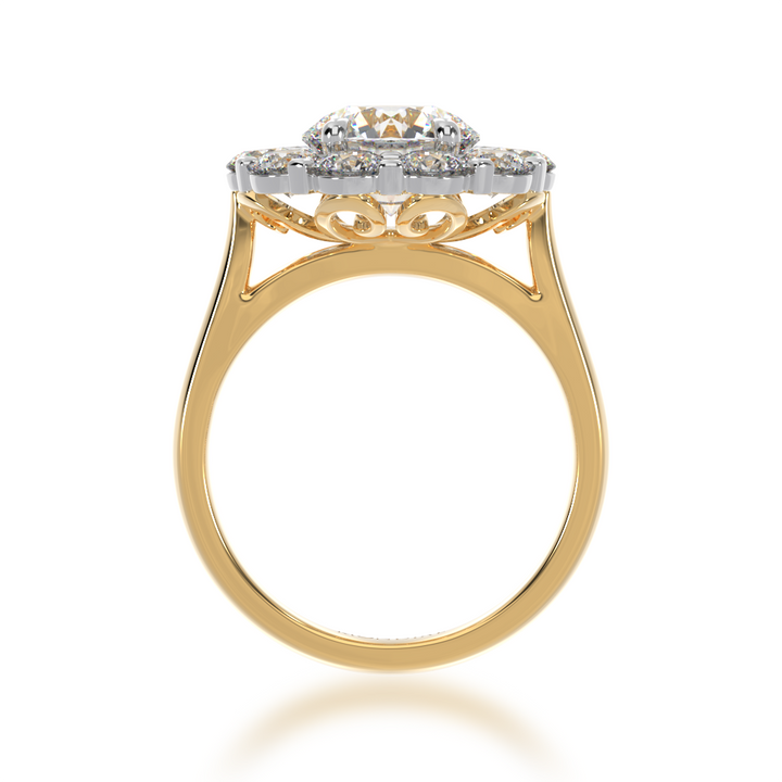 Round brilliant cut diamond cluster ring on yellow gold band view from front 