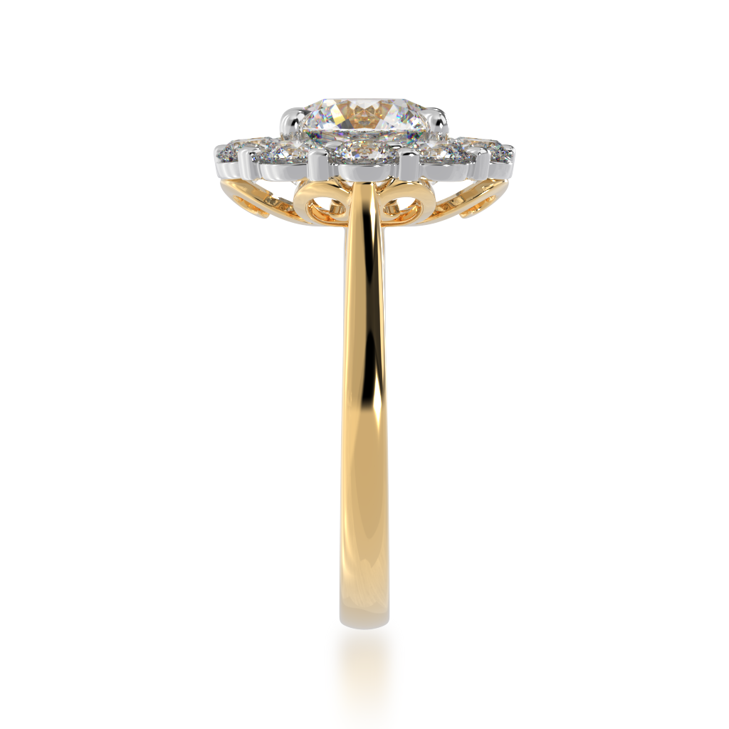 Round brilliant cut diamond cluster ring on yellow gold band view from side 
