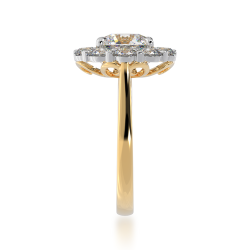 Round brilliant cut diamond cluster ring on yellow gold band view from side 