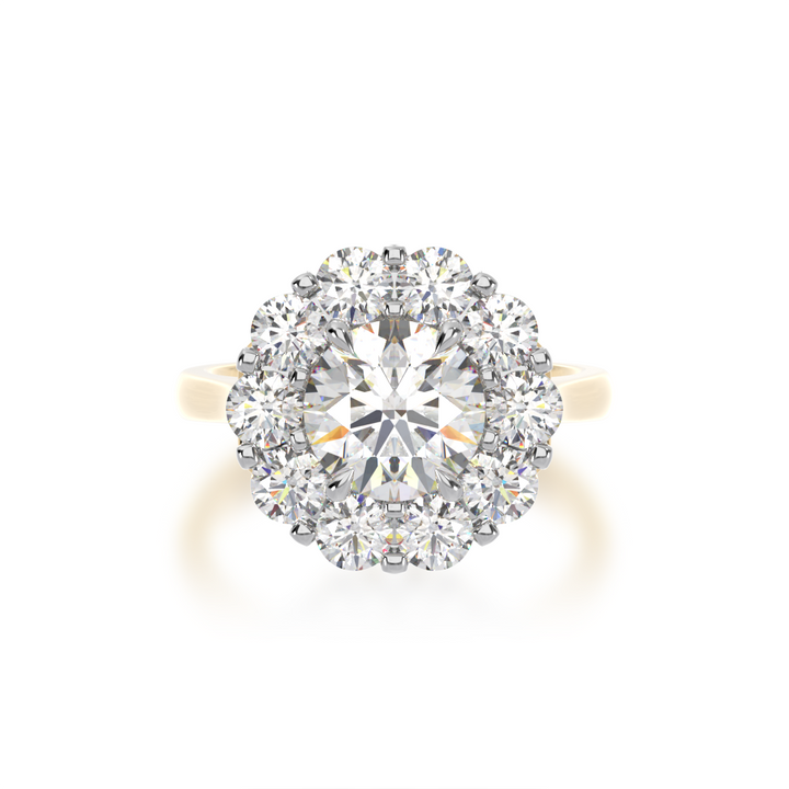 Round brilliant cut diamond cluster ring on yellow gold band view from top
