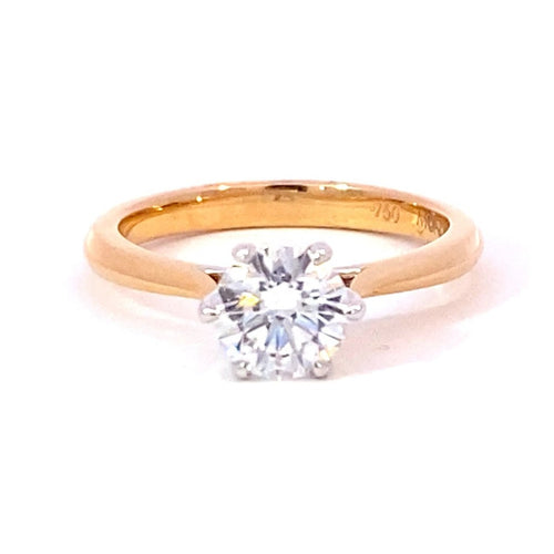 Round brilliant cut diamond solitaire ring on rose gold band