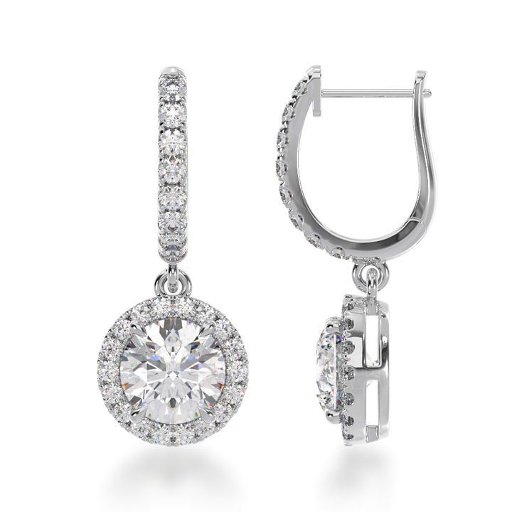 Round brilliant cut diamond drop halo earrings on a diamond set huggie view from side 