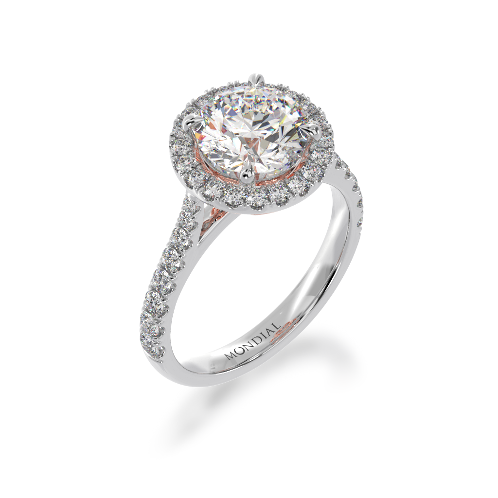 Round brilliant cut diamond halo engagement ring with diamond set band