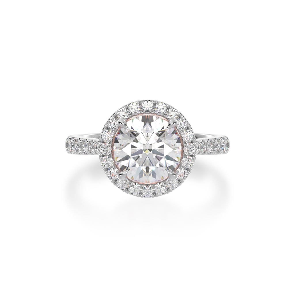 Round brilliant cut diamond halo engagement ring with diamond set band