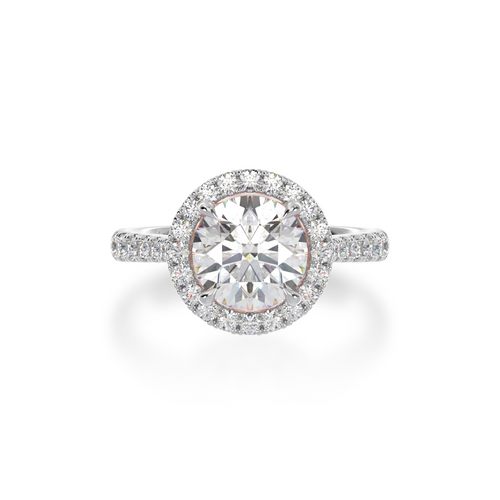 Round brilliant cut diamond halo engagement ring with diamond set band