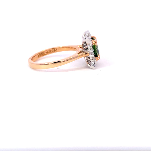 Round brilliant cut green sapphire diamond halo ring on rose gold band