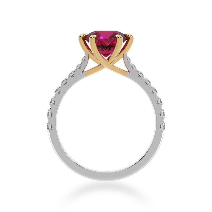 Round ruby ring with diamond set band from front