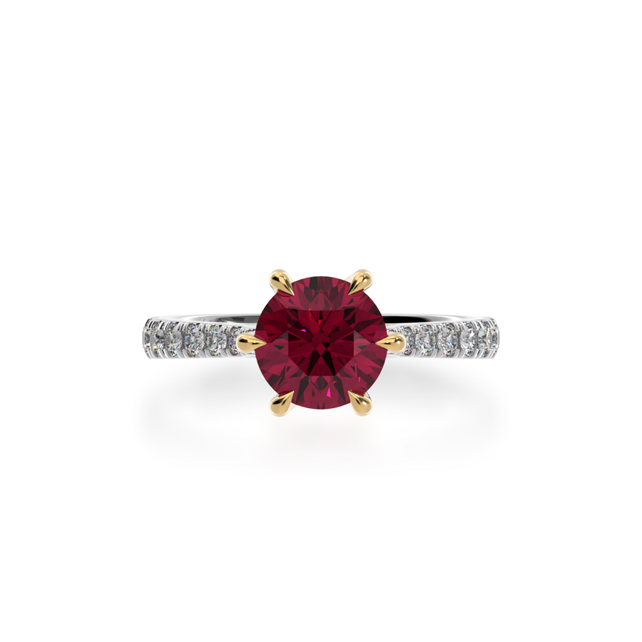 Round ruby ring with diamond set band from top