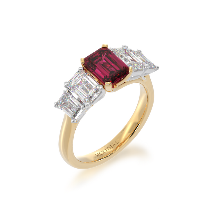 Five stone emerald cut ruby and diamond ring from angle