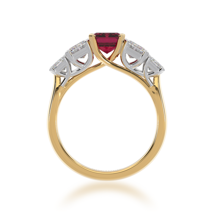 Five stone emerald cut ruby and diamond ring from front