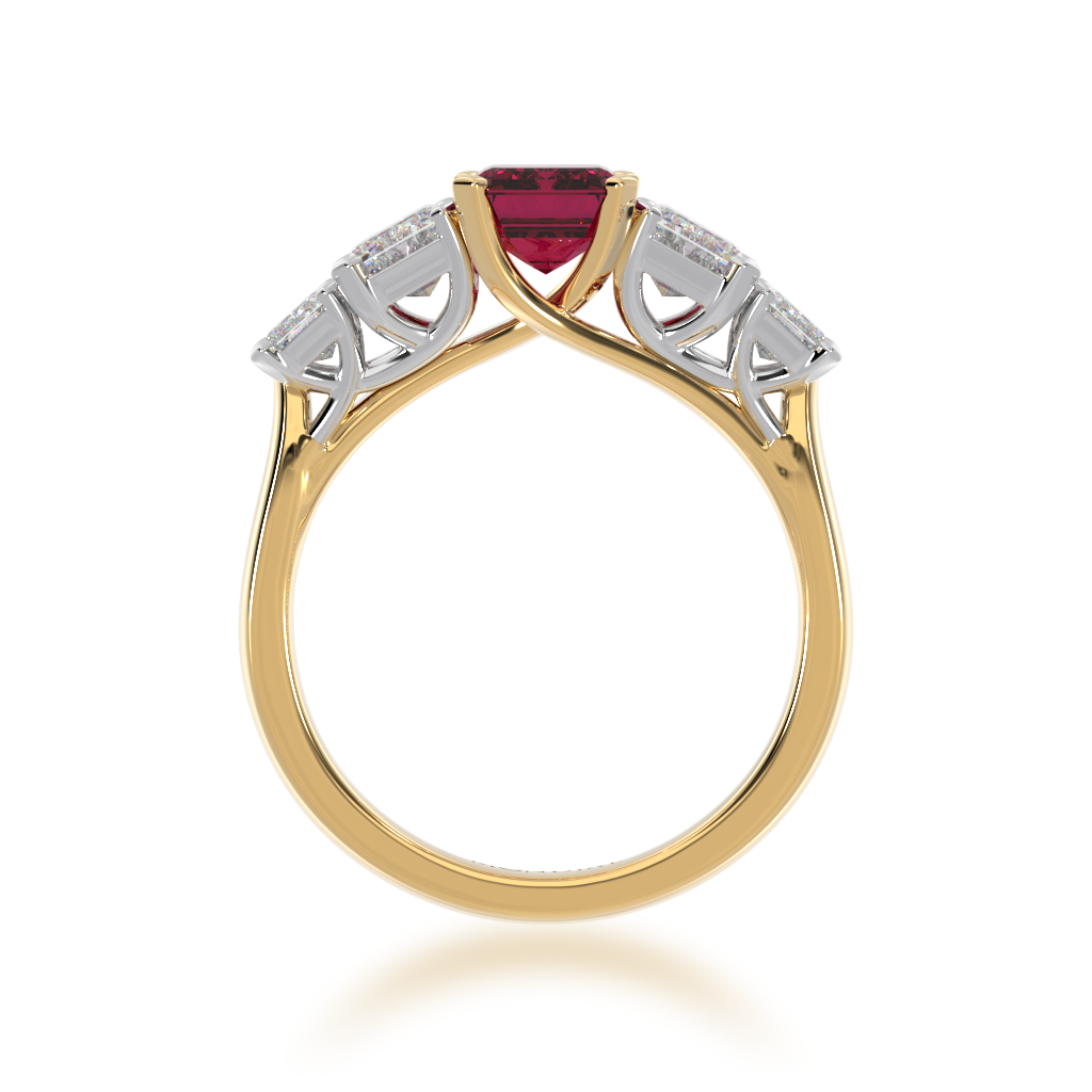 Five stone emerald cut ruby and diamond ring from front