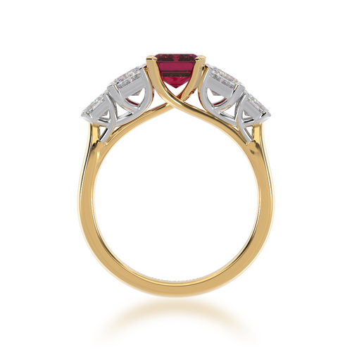 Five stone emerald cut ruby and diamond ring from front