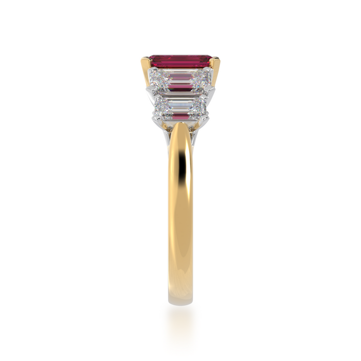 Five stone emerald cut ruby and diamond ring from side