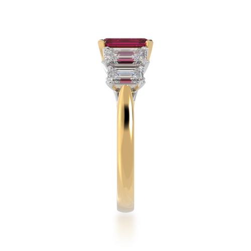 Five stone emerald cut ruby and diamond ring on a yellow gold band view from side 