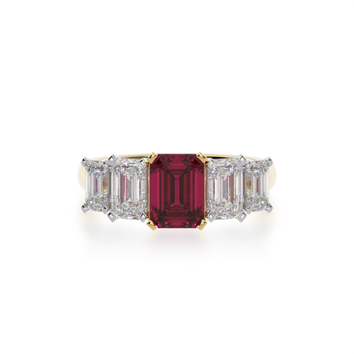 Five stone emerald cut ruby and diamond ring on a yellow gold band view from top 